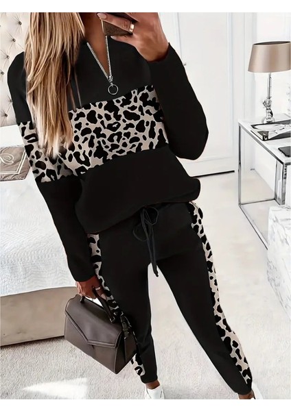 Ozgn Kadın Uzun Kollu Fermuarlı Karışık Desenli Viskon Iki Iplik Bluz ve Pantolon Ikili Takım