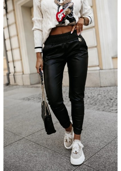 Ozgn Kadın Yüksek Bel Lastikli Cepli Deri Pantolon