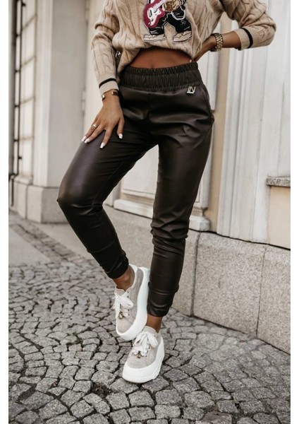 Ozgn Kadın Yüksek Bel Lastikli Cepli Deri Pantolon fiyatları