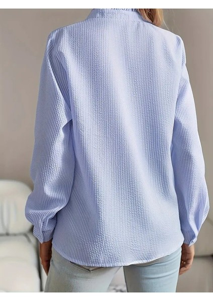 Ozgn Kadın Uzun Kollu Fırfır Yakalı Önden Düğmeli Çizgili Burgu Gömlek indirimleri