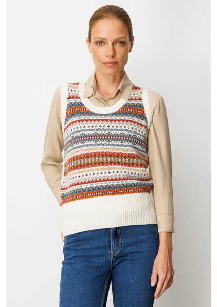 Kadın Sıfır Yaka Önü Jakarlı Yün Süveter Kemik