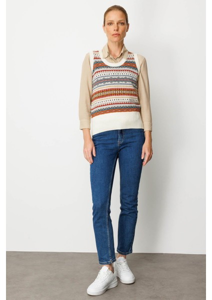 Kadın Sıfır Yaka Önü Jakarlı Yün Süveter Kemik fırsatları