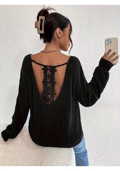 Ozgn Kadın Uzun Kollu V Yakalı Pencere Sırt Dantel Detaylı Kalın Fitilli Kaşkorse Bluz modelleri
