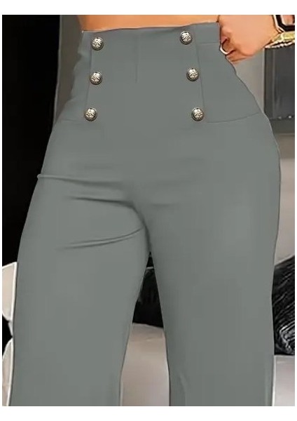 Ozgn Kadın Yüksek Bel Önden Düğmeli Uzun Paçaya Doğru Geniş Ithal Krep Pantolon modelleri