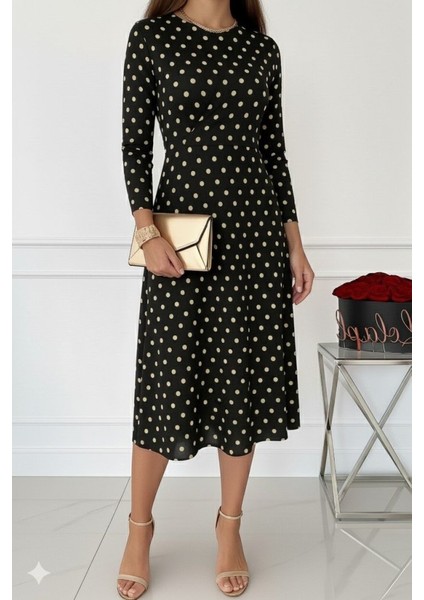 Ozgn Kadın Uzun Kollu Bisiklet Yaka Puantiyeli Örme Krep Midi Elbise modelleri