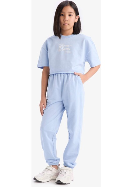 Kız Çocuk 2'li Takım Baskılı Kısa Kollu Tişört Beli Lastikli Eşofman Altı