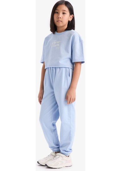 Kız Çocuk 2'li Takım Baskılı Kısa Kollu Tişört Beli Lastikli Eşofman Altı