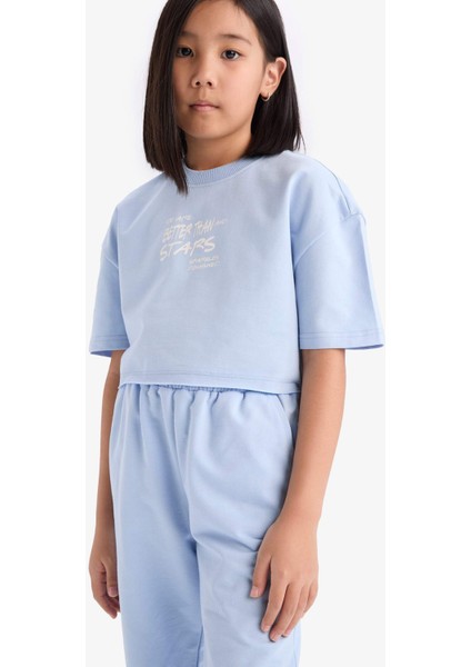 Kız Çocuk 2'li Takım Baskılı Kısa Kollu Tişört Beli Lastikli Eşofman Altı