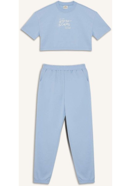 Kız Çocuk 2'li Takım Baskılı Kısa Kollu Tişört Beli Lastikli Eşofman Altı