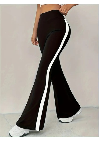 Ozgn Kadın Yüksek Bel Ispanyol Paçalı Yanlardan Şerit Detaylı Dalgıç Tayt Pantolon