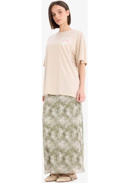 Coool A Kesim Desenli Yüksek Bel Penye Astar Tül Maxi Etek