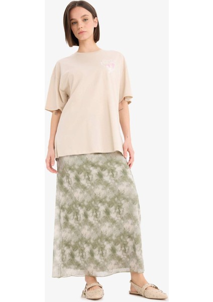 Coool A Kesim Desenli Yüksek Bel Penye Astar Tül Maxi Etek