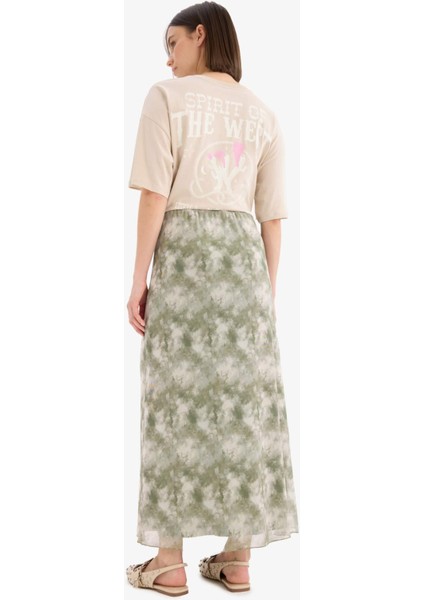 Coool A Kesim Desenli Yüksek Bel Penye Astar Tül Maxi Etek