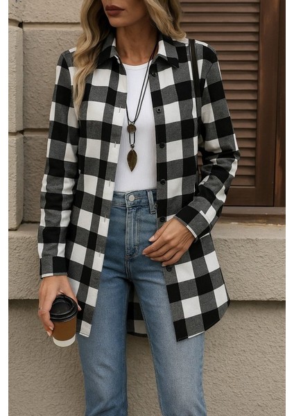 Ozgn Kadın Uzun Kollu Ekoseli Önden Düğmeli Dokuma Uzun Gömlek