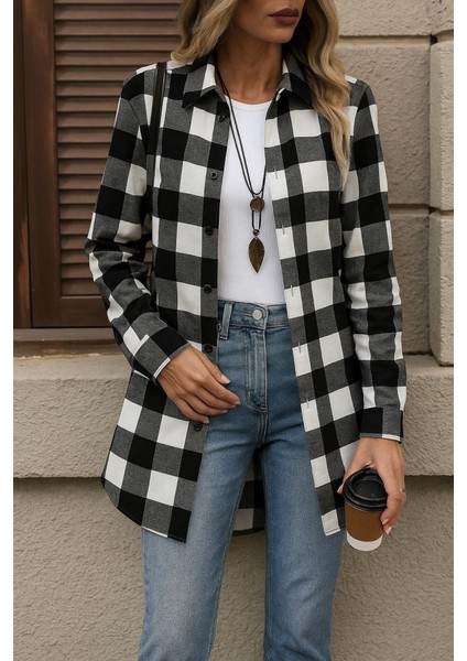 Ozgn Kadın Uzun Kollu Ekoseli Önden Düğmeli Dokuma Uzun Gömlek modelleri