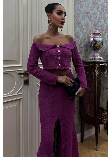 Ozgn Madonna Yaka Derin Yırtmaç Etekli Şık Triko Takım 10099 indirimleri