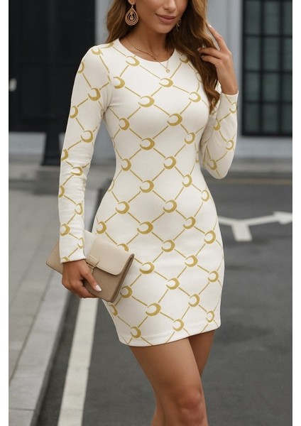 Ozgn Kadın Bisiklet Yaka Uzun Kol Triko Mini Boy Elbise modelleri