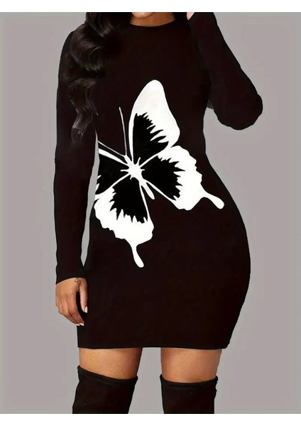 Ozgn Kadın Uzun Kollu Bisiklet Yaka Kelebek Desenli Kısa Viskon Iki Iplik Elbise