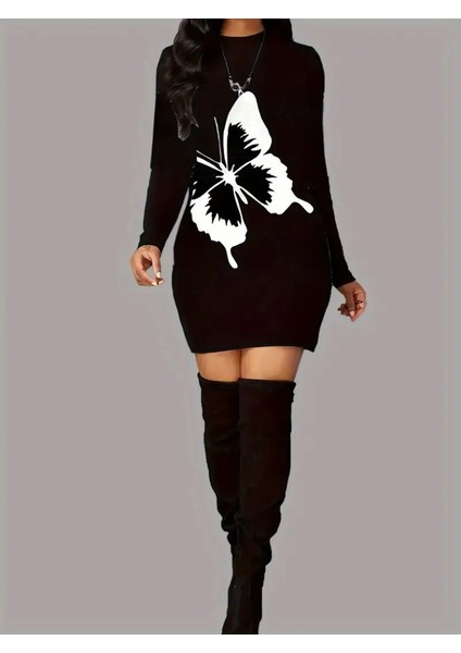 Ozgn Kadın Uzun Kollu Bisiklet Yaka Kelebek Desenli Kısa Viskon Iki Iplik Elbise modelleri