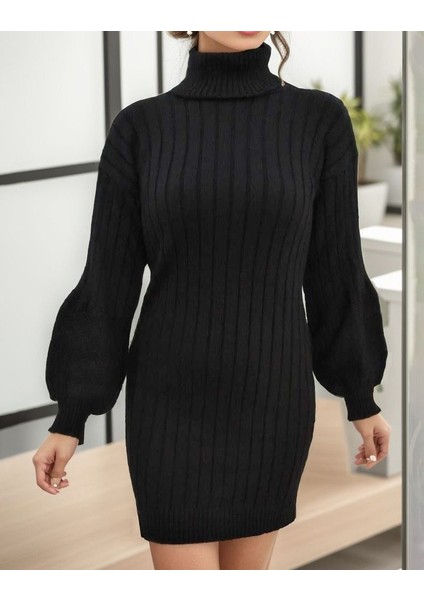 Ozgn Kadın Uzun Kollu Boğazlı Uzun Balon Kol Triko Mini Elbise