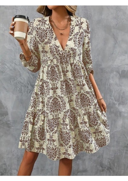 Ozgn Kadın Uzun Kollu V Yakalı Fırfırlı Mini Süprem Elbise fiyatları