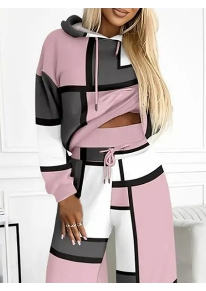 Ozgn Kadın Uzun Kollu Kapşonlu Bağcıklı Desenli Iki Iplik Bluz ve Pantolon Ikili Takım fiyatları