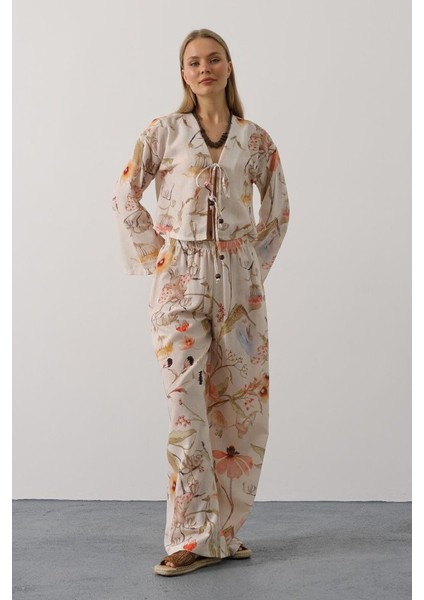 Ozgn Çiçek Desen Önü Bağlamalı Pantolon Takım - Taş fiyatları