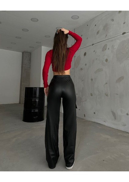 Ozgn Kadın Yüksek Bel Önden Fermuarlı Yandan Cep Detaylı Deri Kargo Pantolon modelleri