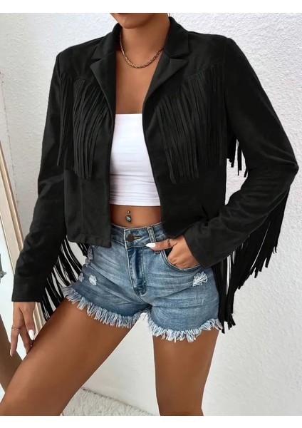 Ozgn Kadın Uzun Kollu Yakalı Kısa Püsküllü Süet Ceket