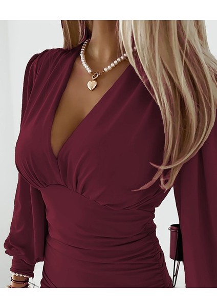 Ozgn Kadın Uzun Kollu Derin V Yakalı Önden Büzgülü Sandy Bluz modelleri