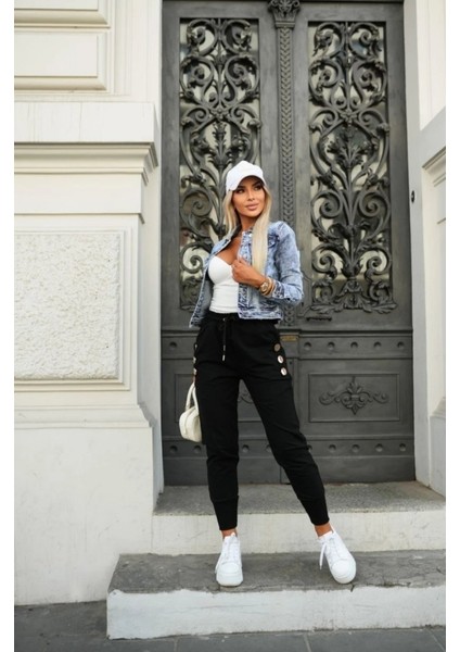 Ozgn Kadın Yüksek Bel Lastikli Yanlardan Düğmeli Viskon Iki Iplik Pantolon fırsatları