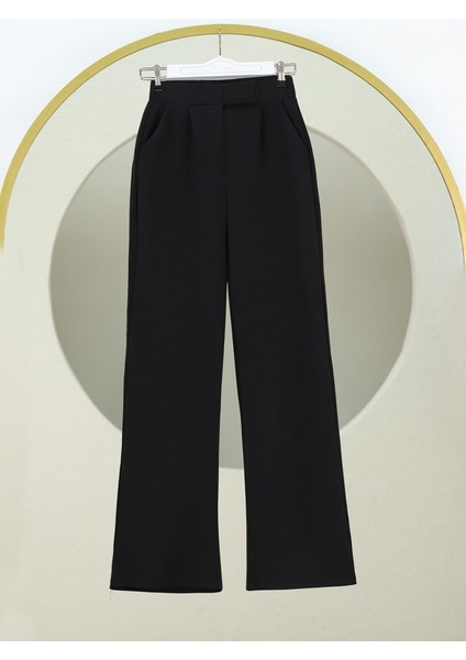 Ozgn Cırtlı Fermuarlı Palazzo Pantolon -Siyah