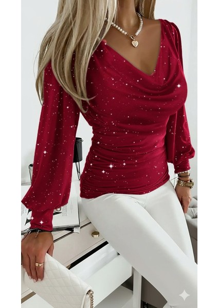 Ozgn Kadın Uzun Kollu Degaje Yaka Taşlı Sandy Bluz