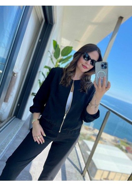 Ozgn Kadın Uzun Kollu Önden Fermuarlı Modal Ceket ve Pantolon Ikili Takım