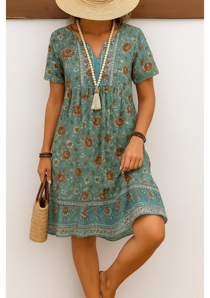 Ozgn Kadın Kısa Kollu Yakası Bağcıklı Önden Düğmeli Fırfır Desenli Süprem Elbise