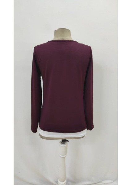 Ozgn Kadın Uzun Kollu V Yakalı Çift Renkli Viskon Iki Iplik Bluz