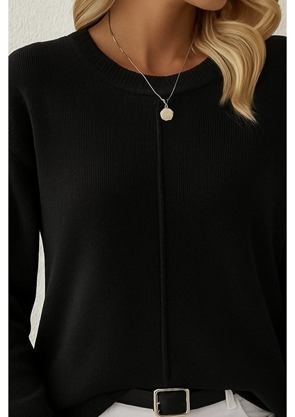 Ozgn Kadın Uzun Kollu Bisiklet Yaka Düşük Omuz Detaylı Triko Bluz