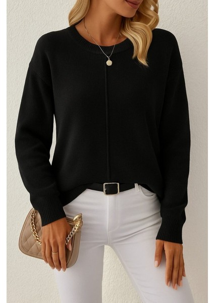 Ozgn Kadın Uzun Kollu Bisiklet Yaka Düşük Omuz Detaylı Triko Bluz