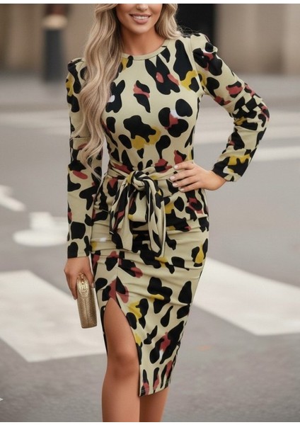 Ozgn Kadın Uzun Kollu Yuvarlak Yaka Belden Kuşaklı Önden Yırtmaçlı Örme Krep Elbise modelleri