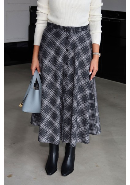 Boydan Düğmeli Ekoseli Kiloş Etek modelleri