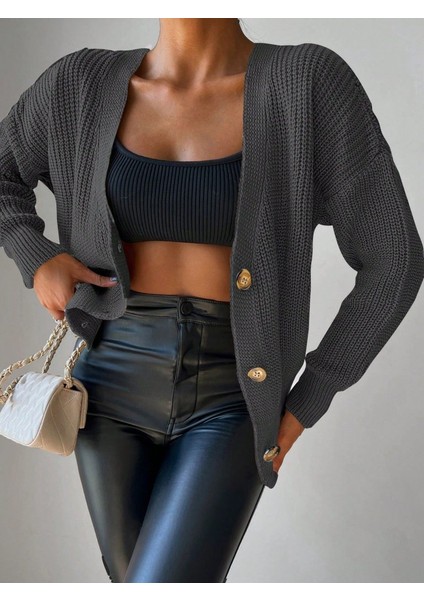 Ozgn Kadın Uzun Kollu Düğme Detay Triko Bluz