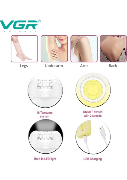 Farissu Vgr V-738 Profesyonel Kadın Epilatörü – LED Işıklı, 18 Cımbızlı, 2 Hız Ayarlı ve USB Şarjlı Kablosuz modelleri