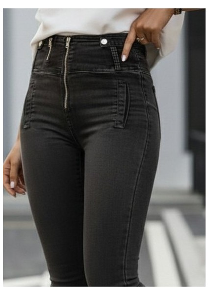 Ozgn Kadın Fermuar Detay Yüksek Kemerli Kot Pantolon fiyatları