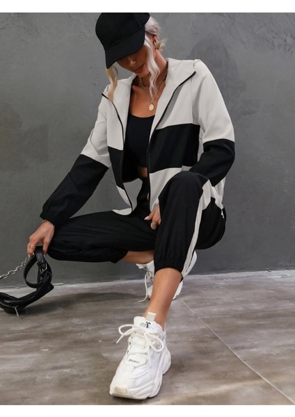 Ozgn Kadın Uzun Kollu Kapşonlu Önden Fermuarlı Viskon Iki Iplik Bluz ve Pantolon Ikili Takım