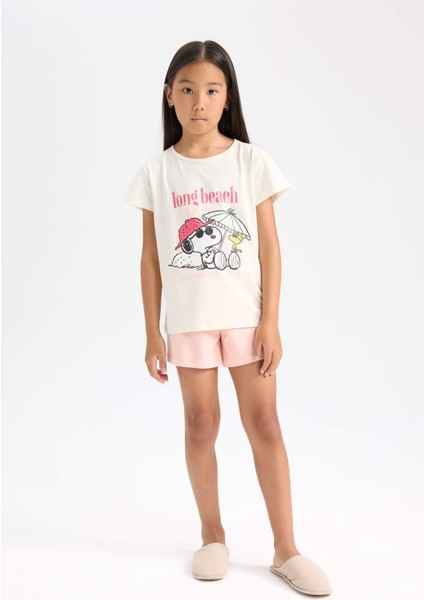 Kız Çocuk Snoopy Pijama Takımı Kısa Kollu Üst Beli Lastikli Kısa Şort D9831A824WN