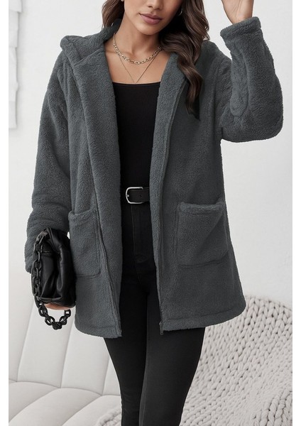 Ozgn Kadın Uzun Kollu Kapşonlu Önden Fermuarlı Cepli Welsoft Ceket modelleri