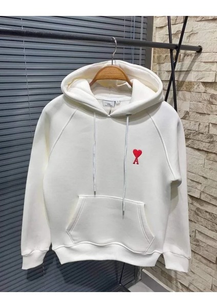 Ozgn Unisex Kapşonlu Baskılı Sweetshirt - Beyaz