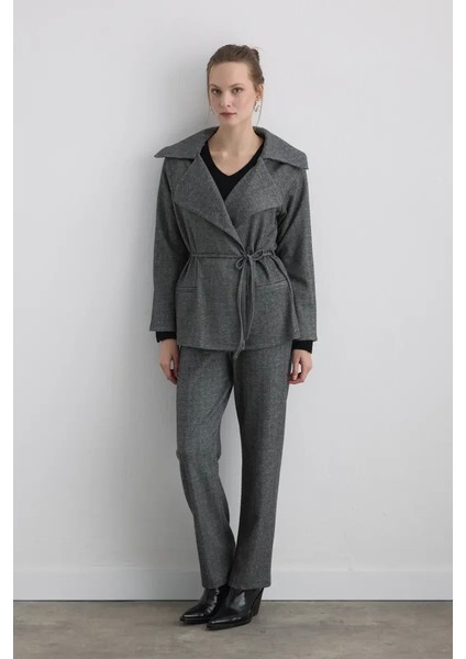 Beli Bağcıklı Balıksırtı Ceket - Gri