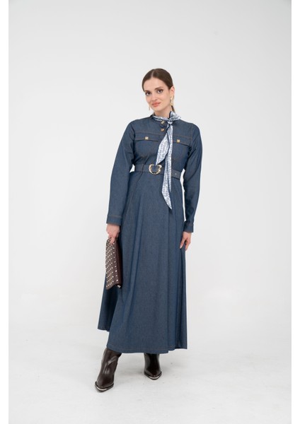 Kuşak Detaylı Denim Elbise K1733