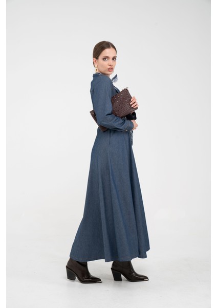 Kuşak Detaylı Denim Elbise K1733 indirimleri